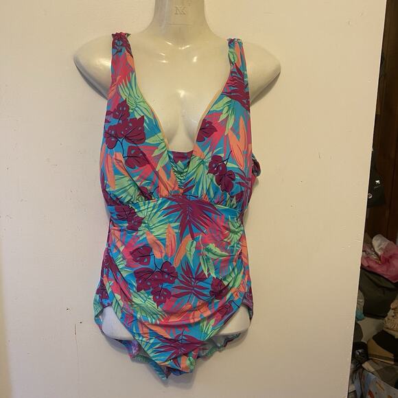 Lands' End Blue purple floral One Piece Swimsuit 18P soft cup bra Beach Tropical - Picture 5 of 7